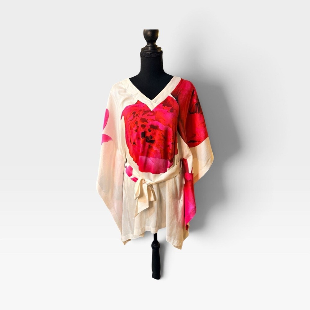Jaeger  London Women's 100% Silk Satin Floral Kimono Blouse V-Neck Tie Belt S/M